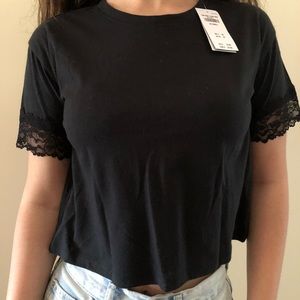 Hollister Black Tshirt with lace trimmed sleeves